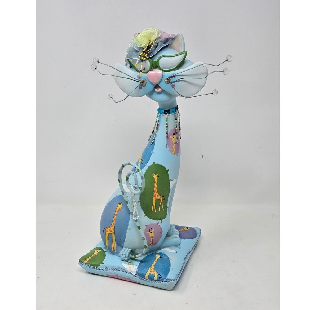 Vtg Enesco fanciful felines cat figurine large blue Giraffe print whimsical art